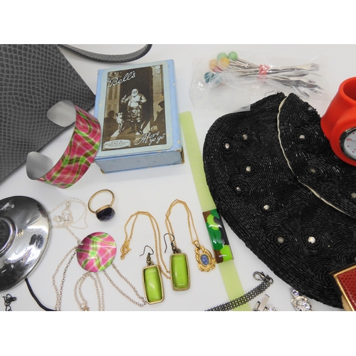 899 - A Thomas Mott style trinket bowl, a pack of Bells playing cards, a beaded purse, and costume jewelle... 