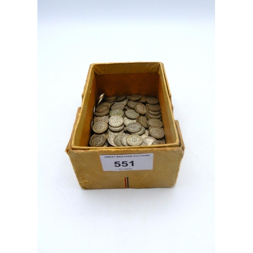 551 - THREE PENCE COINS pre 1947 with Victorian and Edwardian examples approximately 335 grams... 