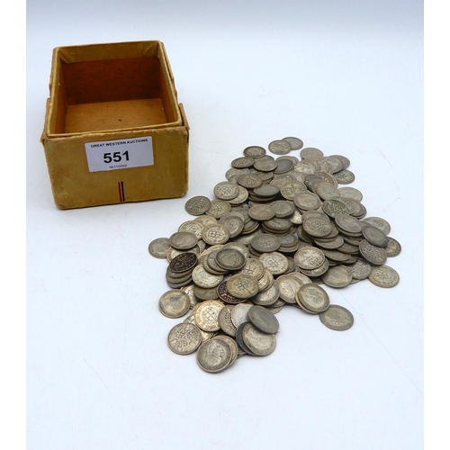 551 - THREE PENCE COINS pre 1947 with Victorian and Edwardian examples approximately 335 grams... 