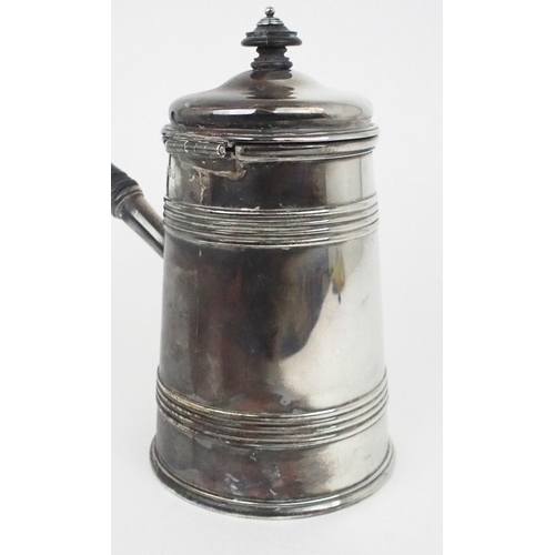 2454 - A VICTORIAN SILVER CHOCOLATE POTof tapering cylindrical form, the body with two sets of bands, with ... 