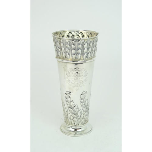 2483 - MILITARY INTEREST;A Victorian silver presentation vase, of flared cylindrical form, the body decorat... 