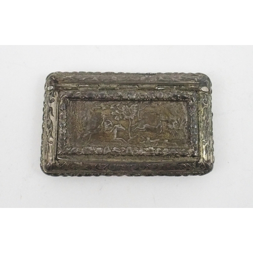 2484 - A CONTINENTAL SILVER GILT SNUFF BOXof rectangular form, the hinged lid decorated with a stag hunting... 