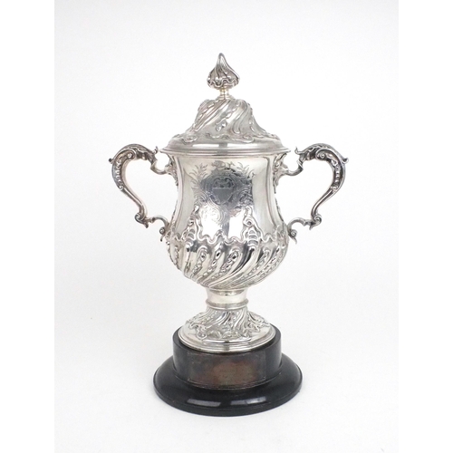 2492 - A GEORGE III SILVER TWIN HANDLED CUP AND COVERthe baluster form body embossed with spiral fluting de... 