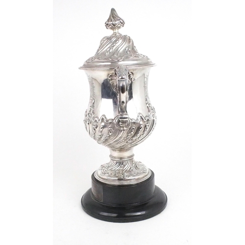 2492 - A GEORGE III SILVER TWIN HANDLED CUP AND COVERthe baluster form body embossed with spiral fluting de... 