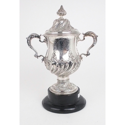 2492 - A GEORGE III SILVER TWIN HANDLED CUP AND COVERthe baluster form body embossed with spiral fluting de... 