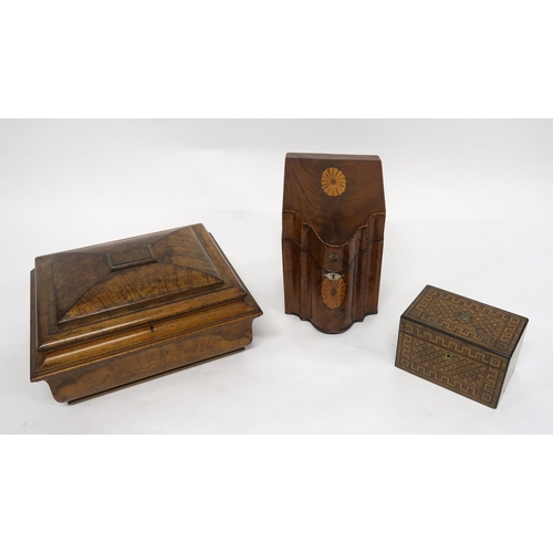 2594 - A GEORGE III MAHOGANY KNIFE BOXConverted to a stationary box, chequer band-inlaid, of serpentine for... 