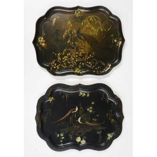 2595 - TWO VICTORIAN LACQUERED PAPIER MACHE TRAYS One (depicting peacock) by Jennens & Bettridge's... 