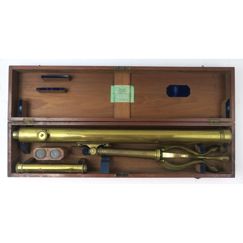 2600 - A VICTORIAN LACQUERED BRASS TELESCOPE ON TRIPOD BASE BY NEWTON & Co., FLEET STREET, LONDONIn mah... 