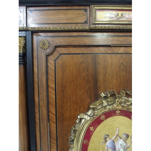 2001 - A VICTORIAN WALNUT AND EBONISED BREAKFRONT CREDENZA with ormolu mounts, four columns with a pair of ... 