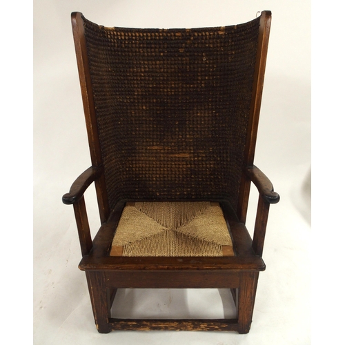 2002 - AN EARLY 20TH CENTURY OAK FRAMED ORKNEY CHAIRwith rushed back over replacement square rushed seat on... 