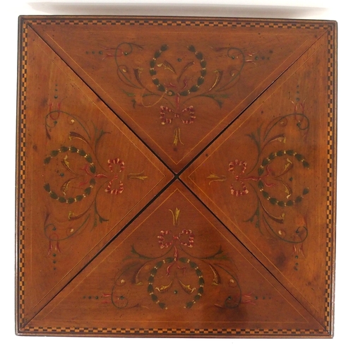 2027 - AN EDWARDIAN MAHOGANY ENVELOPE CARD TABLEwith each folding section painted with ribbons and wreathes... 