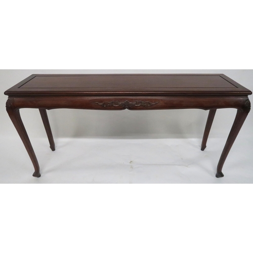 2048 - A 20TH CENTURY HARDWOOD ORIENTAL STYLE ALTAR TABLEwith rectangular top over shaped friezes on cabrio... 