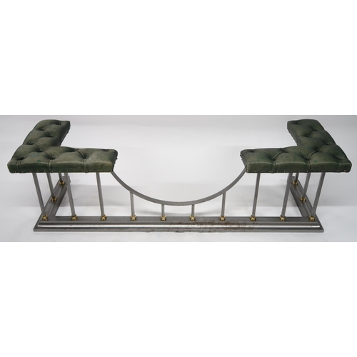 2060 - A 20TH CENTURY CLUB FENDERwith green leather button upholstered top on steel and brass base, 49cm hi... 