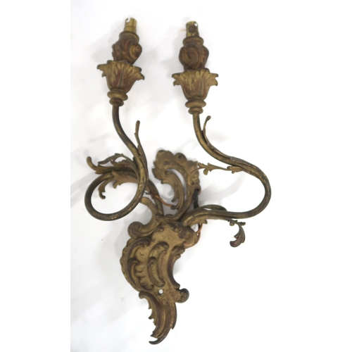 2066 - A LOT OF FIVE ROCOCO STYLE GILT METAL ORMOLU TWO BRANCH WALL SCONCESwith scroll and acanthus back pl... 