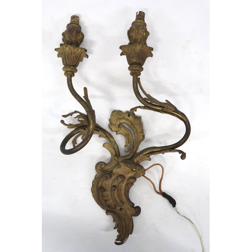 2066 - A LOT OF FIVE ROCOCO STYLE GILT METAL ORMOLU TWO BRANCH WALL SCONCESwith scroll and acanthus back pl... 