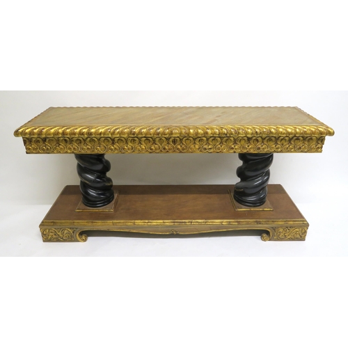 2103 - A 20TH CENTURY GILTWOOD AND MAHOGANY ALTAR TABLEwith parquetry top over carved giltwood friezes on t... 