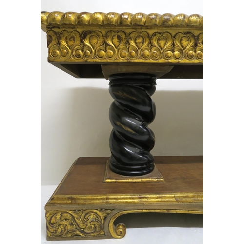 2103 - A 20TH CENTURY GILTWOOD AND MAHOGANY ALTAR TABLEwith parquetry top over carved giltwood friezes on t... 