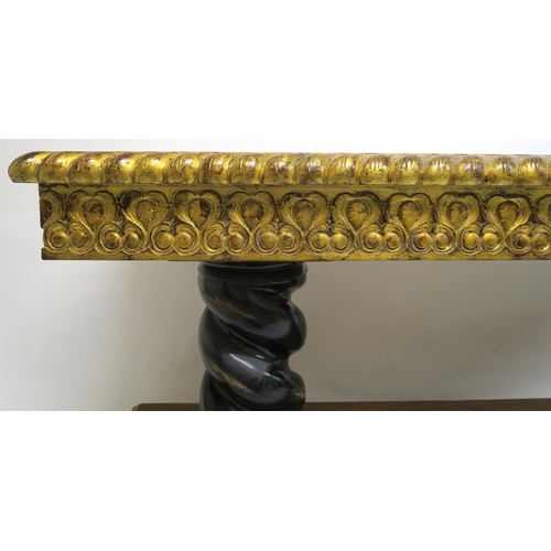 2103 - A 20TH CENTURY GILTWOOD AND MAHOGANY ALTAR TABLEwith parquetry top over carved giltwood friezes on t... 