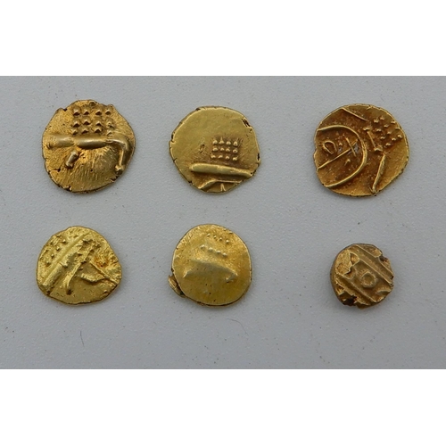 2639 - HINDU DYNASTIES GOLD FANAM 7.5mm diameter irregular 0.37 grams, 7mm diameter irregular 0.39 grams, 8... 