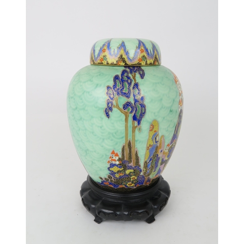 2161 - AN ART DECO CROWN DEVON MATTAJADE GINGER JAR AND COVERdecorated in Fairy Castle pattern 23cm high, o... 