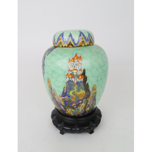 2161 - AN ART DECO CROWN DEVON MATTAJADE GINGER JAR AND COVERdecorated in Fairy Castle pattern 23cm high, o... 