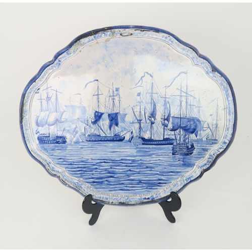 2168 - A LARGE 19TH CENTURY COMMEMORATIVE DUTCH DELFT BLUE AND WHITE SHAPED OVAL PLAQUE by Makkum, painted ... 