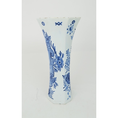 2169 - A 19TH CENTURY DUTCH DELFT VASE of flaring trumpet form, painted with a building in a landscape with... 