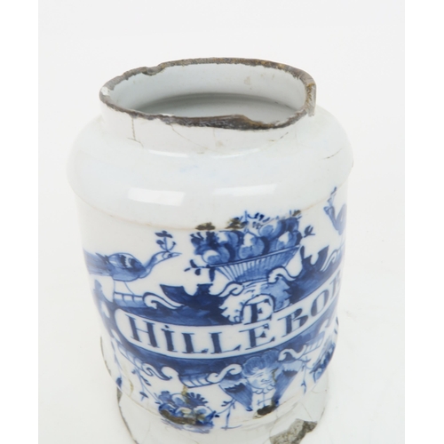 2171 - AN 18TH CENTURY DUTCH DELFT BLUE AND WHITE DRUG JARpainted with Hillebor (Hellebore), surrounded by ... 