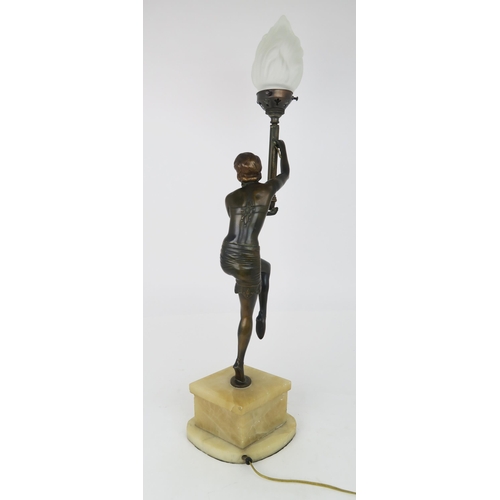 2177 - AN ART DECO LADY LAMPmodelled standing on tip toes, with one knee and both arms raised, the arms sup... 