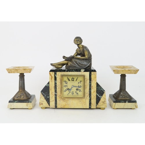 2178 - A FRENCH ART DECO CLOCK GARNITUREthe marble clock mounted with a spelter figure of a girl, the movem... 