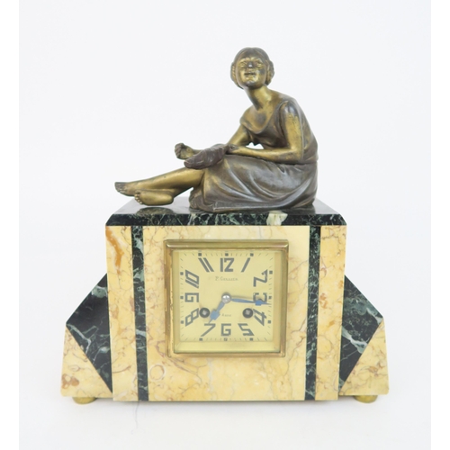 2178 - A FRENCH ART DECO CLOCK GARNITUREthe marble clock mounted with a spelter figure of a girl, the movem... 