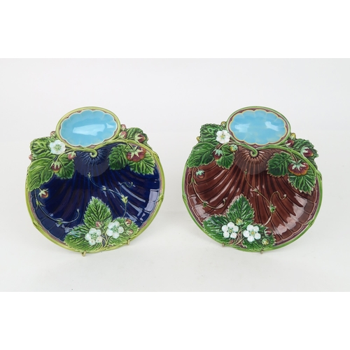 2181 - TWO MINTON MAJOLICA STRAWBERRY DISHESshape no 1330, with impressed marks to base, 21.5cm diameter... 