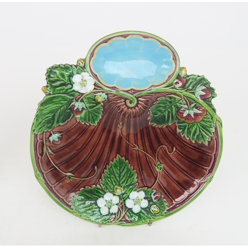 2181 - TWO MINTON MAJOLICA STRAWBERRY DISHESshape no 1330, with impressed marks to base, 21.5cm diameter... 