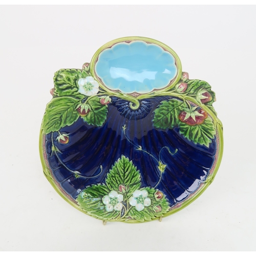 2181 - TWO MINTON MAJOLICA STRAWBERRY DISHESshape no 1330, with impressed marks to base, 21.5cm diameter... 