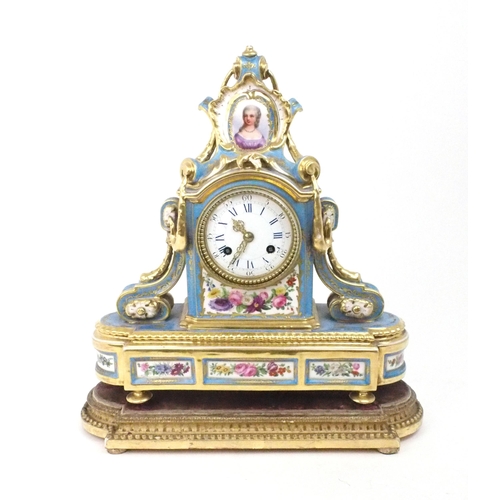 2191 - A SEVRES STYLE PORCELAIN MANTLE CLOCKthe circular white enamel dial, with blue roman numerals and mi... 