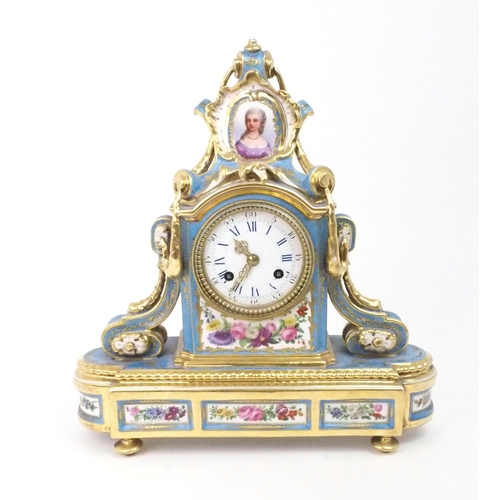 2191 - A SEVRES STYLE PORCELAIN MANTLE CLOCKthe circular white enamel dial, with blue roman numerals and mi... 