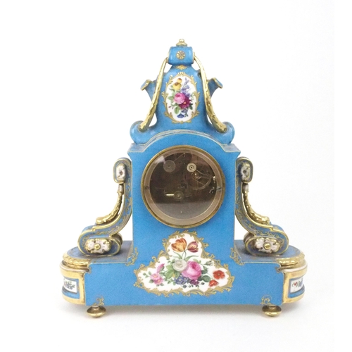 2191 - A SEVRES STYLE PORCELAIN MANTLE CLOCKthe circular white enamel dial, with blue roman numerals and mi... 