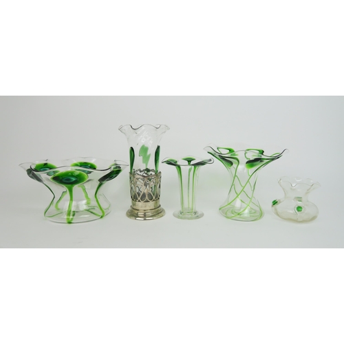 2199 - A GROUP OF FIVE STUART AND SONS STOURBRIDGE GLASS VASESall in clear glass with applied and trailing ... 