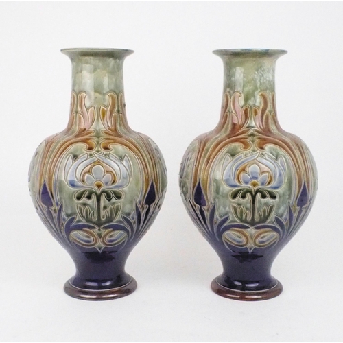 2202 - A PAIR OF ROYAL DOULTON VASES designed by Frank A Butler, of bulbous form with flaring neck decorate... 