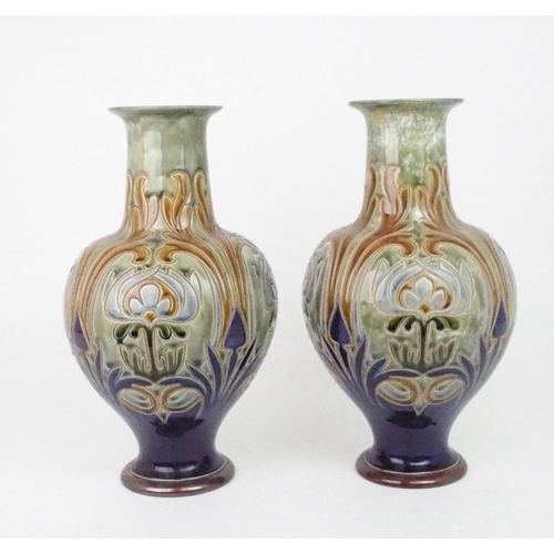 2202 - A PAIR OF ROYAL DOULTON VASES designed by Frank A Butler, of bulbous form with flaring neck decorate... 