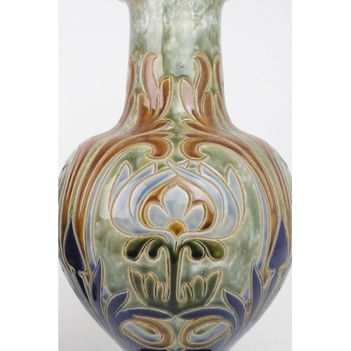 2202 - A PAIR OF ROYAL DOULTON VASES designed by Frank A Butler, of bulbous form with flaring neck decorate... 