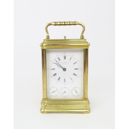 2204 - A FRENCH BRASS AND GLASS REPEATING CARRIAGE CLOCKby Drocourt for J. W. Benson, London with striking ... 