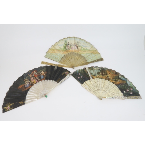 2207 - A COLLECTION OF EUROPEAN FANSincluding a mother of pearl example with a double painted leaf of court... 