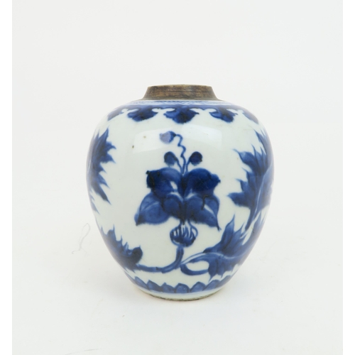 2355 - A CHINESE BLUE AND WHITE JARPainted with acanthus and within stiff leaf bands, 18th century, 13cm hi... 