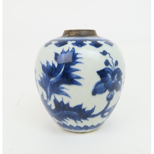 2355 - A CHINESE BLUE AND WHITE JARPainted with acanthus and within stiff leaf bands, 18th century, 13cm hi... 