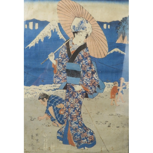 2370 - SHIGENOBU (1787-1832) An Oban tate-e woodblock print of a geisha, signed to the lower left, 36 x 24c... 