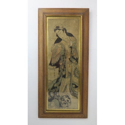 2370 - SHIGENOBU (1787-1832) An Oban tate-e woodblock print of a geisha, signed to the lower left, 36 x 24c... 