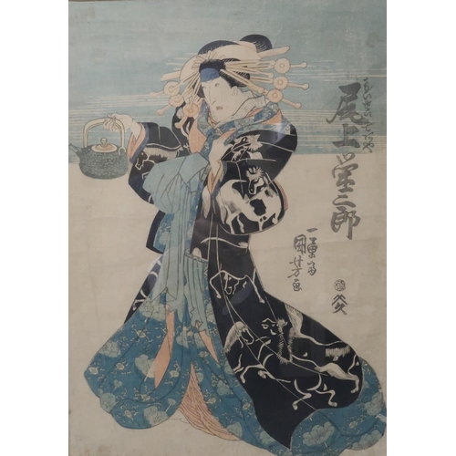 2370A - UTAGAWA KUNIYOSHI (1797-1861) An Oban tate-e woodblock print of a bijin, 36 x 25cm, UTAGAWA KUNISADA... 