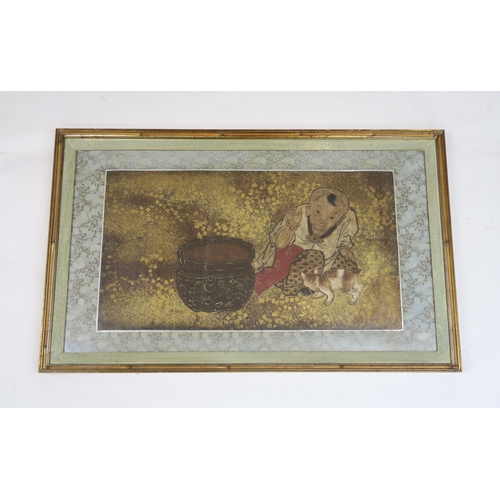 2370C - A CHINESE INK AND WATERCOLOUR PAINTINGdepicting a boy beside a bronze jardinière playing with a cat,... 