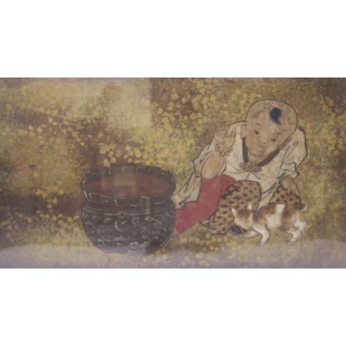 2370C - A CHINESE INK AND WATERCOLOUR PAINTINGdepicting a boy beside a bronze jardinière playing with a cat,... 